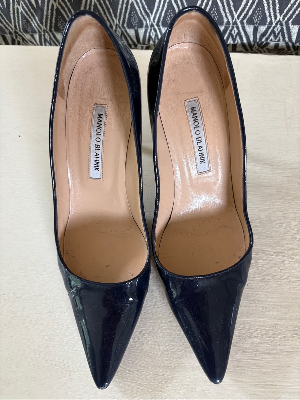 Manolo Blahnik Navy Blue Patent Leather Pointed-Toe Pumps